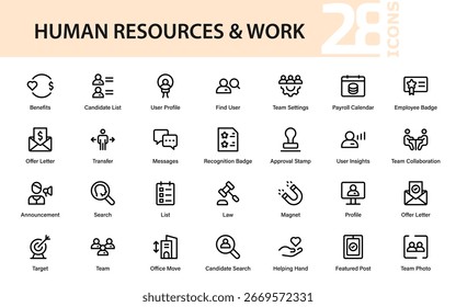Gruppe von Personalressourcen-Symbolen. Line-Style-Symbole für die Einstellung, das Management von Mitarbeitern, die Zusammenarbeit im Büro, Lohn- und Gehaltsabrechnung, Personalanalyse und Leistungsüberprüfungen und mehr.