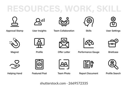 Conjunto de iconos de recursos humanos. iconos de estilo de línea de contratación, gestión de empleados, trabajo conjunto en la oficina, nómina, análisis de recursos humanos y revisiones de rendimiento y más.