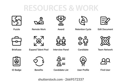 Conjunto de iconos de recursos humanos. iconos de estilo de línea de contratación, gestión de empleados, trabajo conjunto en la oficina, nómina, análisis de recursos humanos y revisiones de rendimiento y más.