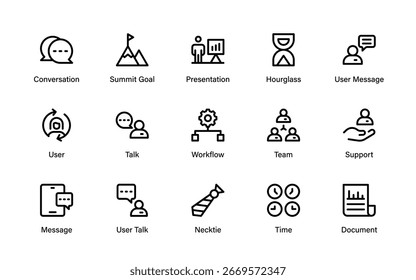 Set of human resources icons. line style icons of hiring, managing employees, working together in the office, payroll, HR analytics, and performance reviews and more.