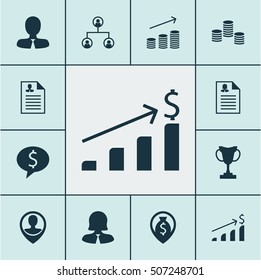Set Of Human Resources Icons On Successful Investment, Business Woman And Manager Topics. Editable Vector Illustration. Includes Map, Trophy, Tree And More Vector Icons.
