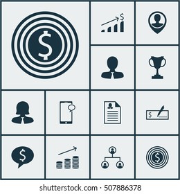 Set Of Human Resources Icons On Employee Location, Successful Investment And Female Application Topics. Editable Vector Illustration. Includes Phone, Money, Cup And More Vector Icons.