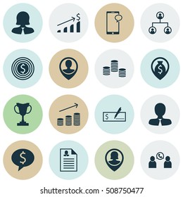 Set Of Human Resources Icons On Money Navigation, Business Woman And Business Deal Topics. Editable Vector Illustration. Includes Increase, Trophy, Cash And More Vector Icons.