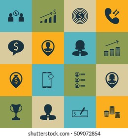 Set Of Human Resources Icons On Money, Business Woman And Phone Conference Topics. Editable Vector Illustration. Includes Profile, Money, Male And More Vector Icons.