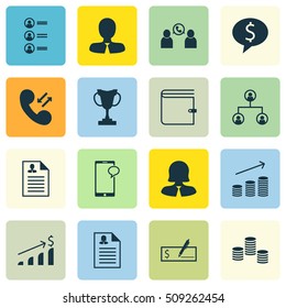 Set Of Human Resources Icons On Bank Payment, Cellular Data And Coins Growth Topics. Editable Vector Illustration. Includes Call, Profile, Trophy And More Vector Icons.