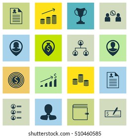 Set Of Human Resources Icons On Wallet, Tree Structure And Coins Growth Topics. Editable Vector Illustration. Includes Phone, Application, Trophy And More Vector Icons.