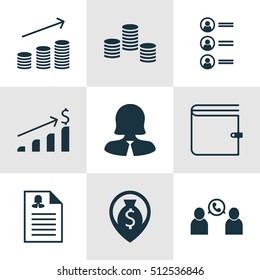 Set Of Human Resources Icons On Money, Money Navigation And Successful Investment Topics. Editable Vector Illustration. Includes Female, Increase, Call And More Vector Icons.