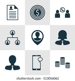 Set Of Human Resources Icons On Business Goal, Phone Conference And Tree Structure Topics. Editable Vector Illustration. Includes Employee, Organisation, Pin And More Vector Icons.