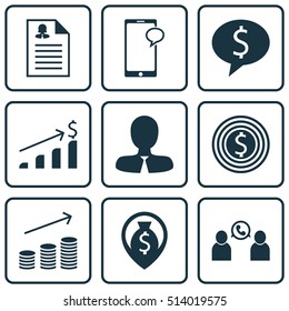 Set Of Human Resources Icons On Female Application, Business Deal And Coins Growth Topics. Editable Vector Illustration. Includes Call, Map, Money And More Vector Icons.