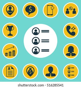 Set Of Human Resources Icons On Coins Growth, Phone Conference And Business Deal Topics