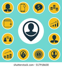 Set Of Human Resources Icons On Wallet, Employee Location And Successful Investment Topics. Editable Vector Illustration. Includes Coins, Purse, Male And More Elements