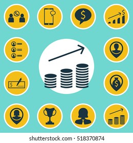 Set Of Human Resources Icons On Employee Location, Messaging And Successful Investment Topics. Editable Vector Illustration. Includes Coins, Dollar, Cup And More Vector Icons.