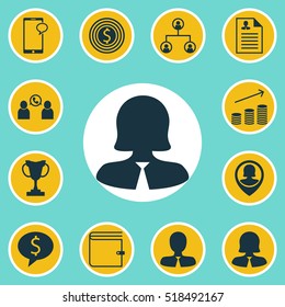 Set Of Human Resources Icons On Tree Structure, Business Deal And Business Woman Topics. Editable Vector Illustration. Includes Phone, Discussion, Male And More Elements