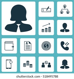 Set Of Human Resources Icons On Business Woman, Manager And Money Topics. Editable Vector Illustration. Includes Stacked, Cellular, Coins And More Vector Icons.