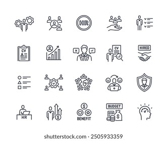Conjunto de iconos de línea de recursos humanos. Símbolos simples con currículum, equipo de empleados, contratación y reclutamiento. Elemento de diseño para aplicación. Colección de Ilustración vectorial de contorno aislado sobre fondo blanco