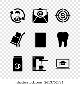 Set Human resources, Mail and e-mail, Target with dollar, Coffee beans in bag, machine cup and Graduation cap on laptop icon. Vector