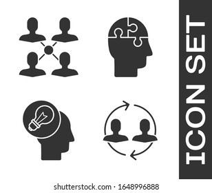 Set Human resources, Project team base, Human head with lamp bulb and Human head puzzles strategy icon. Vector