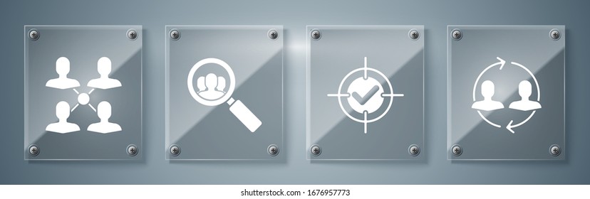 Establecer recursos humanos, Objetivo y marca de verificación, Vidrio de aumento para buscar personas y base del equipo de Project. Paneles de vidrio cuadrado. Vector