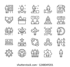 Set of human resources and teamwork line icons. Employee, freelancer, recruitment and hiring, friendship, recruiting agency, time management, conference, negotiations, handshake, feedback and more.