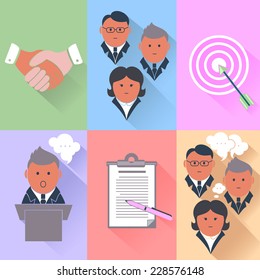 Set of human resources, teamwork, management and business partnership icons with long shadows