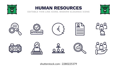 set of human resources thin line icons. human resources outline icons such as approved, timing, resume, candidates, chess clock, chess clock, working, company structure, analysis, human resources