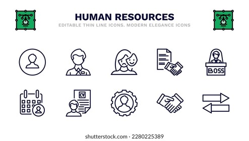 set of human resources thin line icons. human resources outline icons such as employee, appearance, contract, boss, appointment, appointment, cv, skills, hired, compare vector.