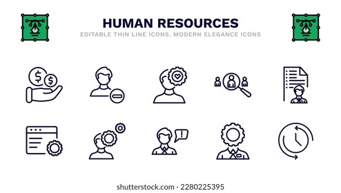 set of human resources thin line icons. human resources outline icons such as remove user, emotional intelligence, recruitment, job application, application, application, behavioral competency,