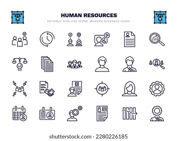 set of human resources thin line icons. human resources outline icons such as selection, onboarding, resume, files, employee, contract, women, personal profile, curriculum vitae, administrator