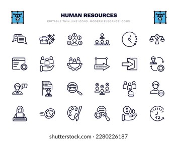 conjunto de iconos de línea delgada de recursos humanos. los recursos humanos esbozan iconos como entrevistas, problemas, tiempo, recursos humanos, renuncia, solicitud de empleo, candidatos, urgencia, diligencia debida, vector de 12 horas.