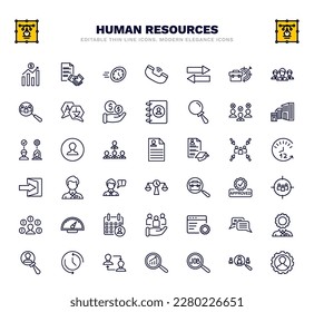 set of human resources thin line icons. human resources outline icons such as earnings, urgent, compare, selection process, resume, employee, target audience, application, change personal vector.