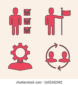 Set Human resources, User of man in business suit, Man holding flag and Human with gear inside icon. Vector