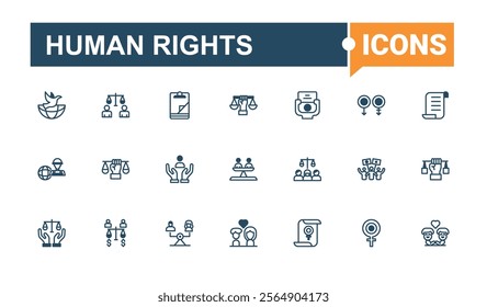 Set of Human Rights line icons. It contains symbols to human rights, hand, religion, support, man, equal, human, book. Symbol. Editable vector outline and solid icons.