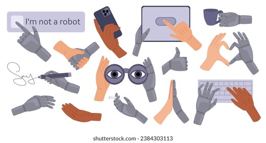 Set human and robot hands gestures. Human robotic arm clicking on I am not a robot, holding stuff, search binoculars, smartphone, tablet, stylus. Vector illustration in doodle style 