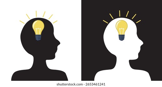 Set, Human silhouette, head with glowing light bulb, white background, black background, light bulb, brainstorm