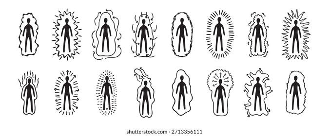 Conjunto de silhuetas humanas com auras em vários estilos de linha, arte de linha monocromática, desenhado à mão. Ilustração vetorial