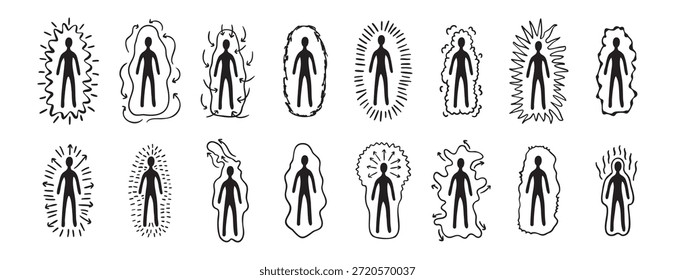 Set von menschlichen Silhouetten mit Auren in verschiedenen Linienarten, monochrome Linienkunst, handgezeichnet. Vektorgrafik