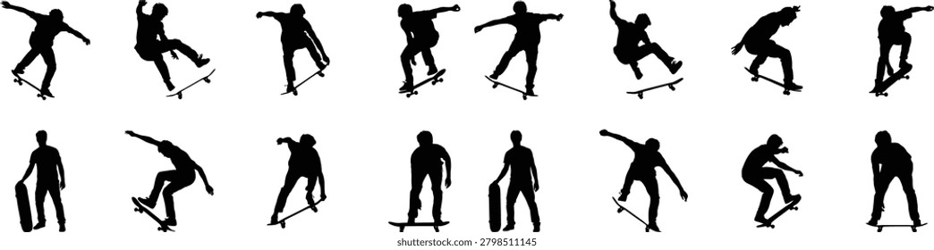 Set of human silhouettes featuring skateboarders jumping sliding and cruising. Graphic elements showcase extreme sports action poses including ollies and kicks in a flat design style for active lifestyle projects.