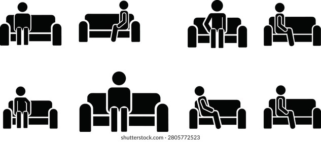 Set of human silhouettes showing diverse sitting postures on a couch, illustrating variations in body language, ergonomics, and seating positions for design projects
