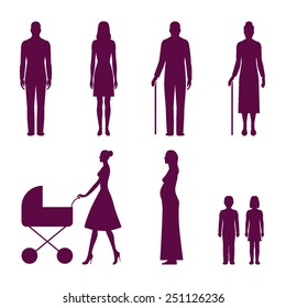 Set of human silhouettes: young man, young woman, old man, old woman, mom walking with baby carriage, pregnant woman, boy, girl. Vector illustration infographic elements isolated on white background