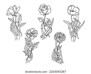 Set human skeleton hand and flowers  Collection finger bones holding wildflower  Linear art  T  shirt design  Vector illustration human limbs white background 
