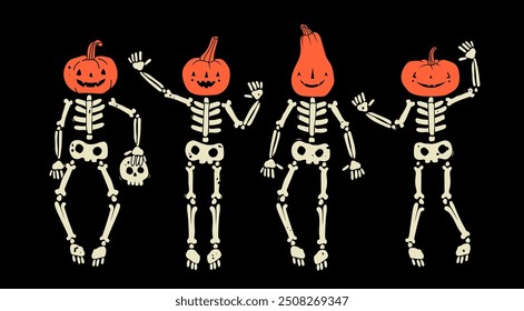 Set of human Skeletons with Pumpkin head. Hand drawn modern Vector illustration. Isolated design elements. Poster, print template. Cute creepy characters. Halloween, spooky, horror, holiday concept