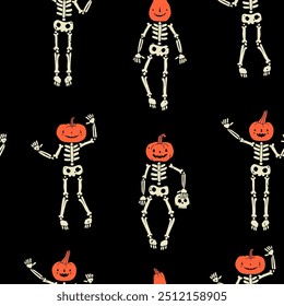 Set von menschlichen Skeletten mit Kürbis Kopf. Handgezeichnete moderne Vektorgrafik. Nette, gruselige Charaktere. Halloween, gruselig, Horror, Urlaubskonzept. Quadratisches nahtloses Muster, Tapete, Hintergrund