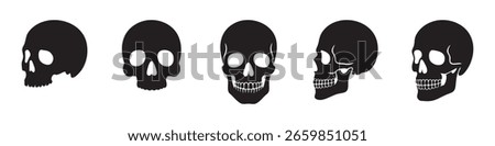 Set of human skull black silhouettes in various styles, front and side views, isolated on white background, graphic illustration. Concept of anatomy, gothic symbol, tattoo, halloween design elements.