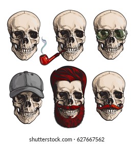 Set of human skull bones with sunglasses, red beard, moustache, smoking pipe, sketch vector illustration isolated on white background. Hand drawn skull with smoking pipe, hipster beard, sunglasses