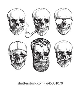 Set of human skull bones with sunglasses, beard, moustache, smoking pipe, sketch vector illustration isolated on white background. Hand drawn skull with smoking pipe, cap, hipster beard, sunglasses