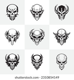 Set of human skull illustrations. Design element for label, emblem, sticker, logo.