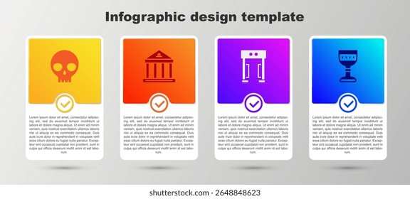 Set Human skull, Museum building, Metal detector and Medieval goblet. Business infographic template. Vector