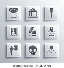 Set Human skull, Picture and rope barrier, Ancient bust sculpture, Feather inkwell, Museum guide, Portrait museum, column and Paint brush icon. Vector