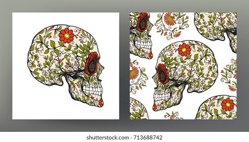 Set of human skull and seamless pattern, background with sugar  