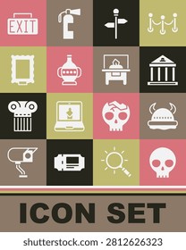 Set Human skull, Viking in horned helmet, Museum building, Road traffic signpost, Ancient amphorae, Picture, Exit and Glass showcase for exhibit icon. Vector